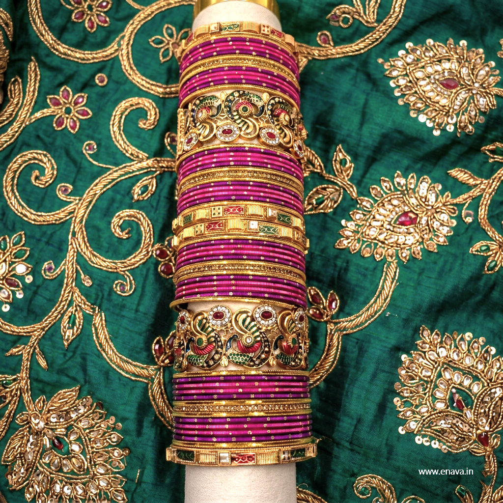 Magenta Rani Pink Peacock Stone Meenakari Designer Bangles Set by Enava