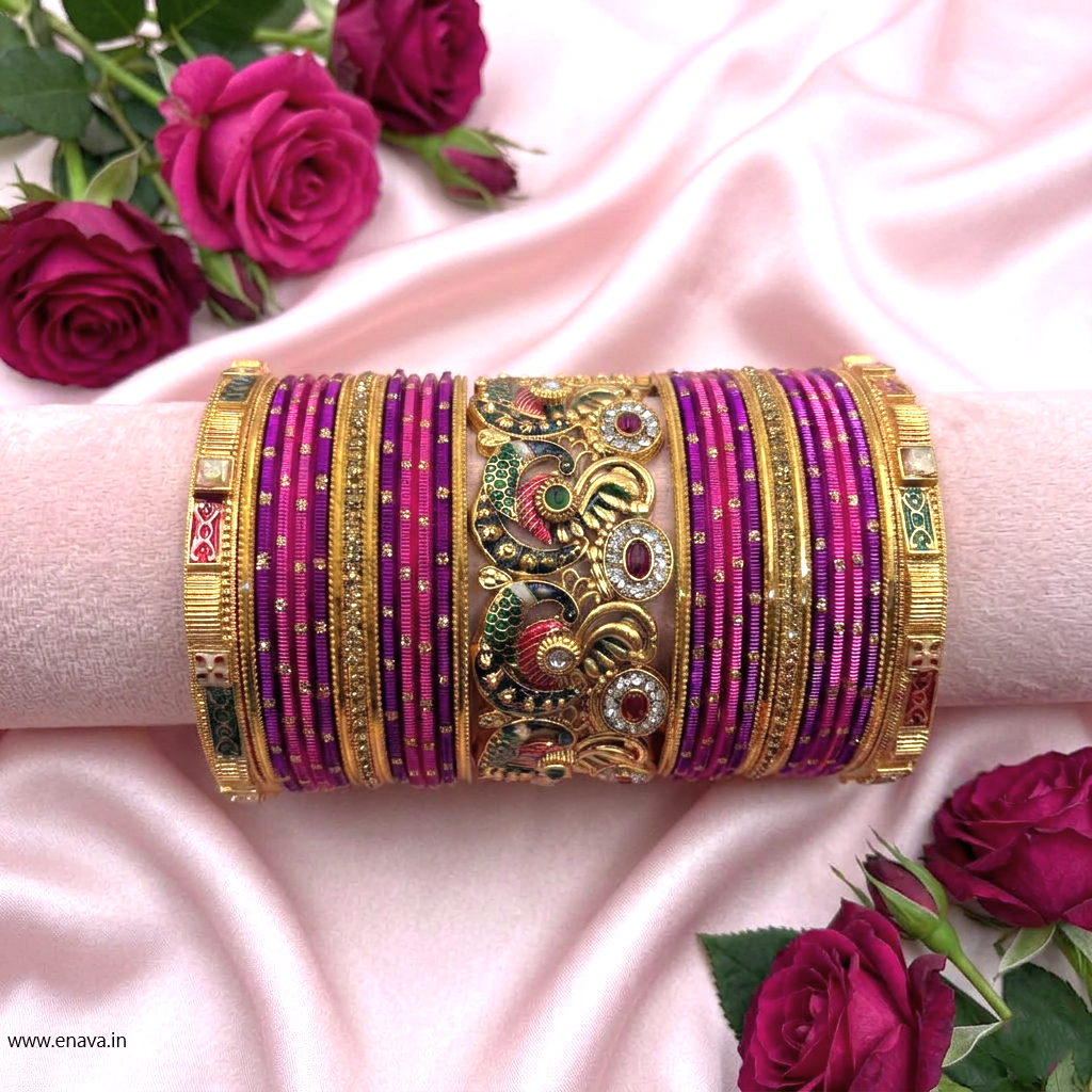 Magenta Rani Pink Peacock Stone Meenakari Designer Bangles Set by Enava
