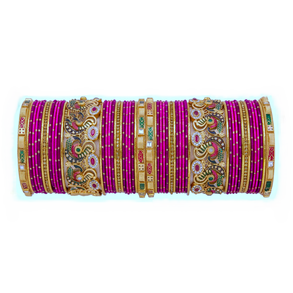 Magenta Rani Pink Peacock Stone Meenakari Designer Bangles Set by Enava
