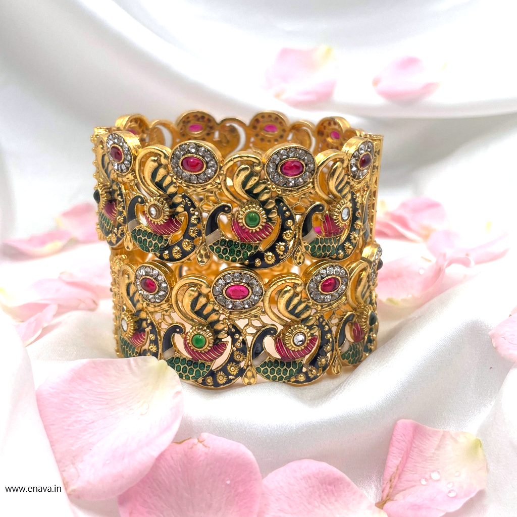 Magenta Rani Pink Peacock Stone Meenakari Designer Bangles Set by Enava