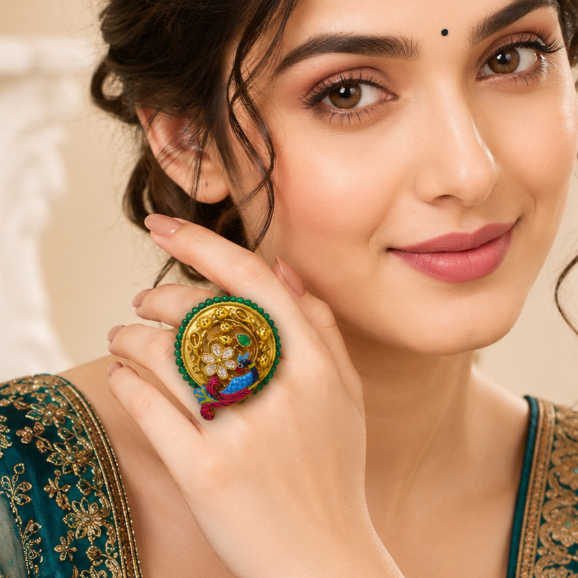 A close-up lifestyle shot of a woman wearing a large, ornate gold ring with green, blue, and red accents on her finger, set against a soft beige background.
