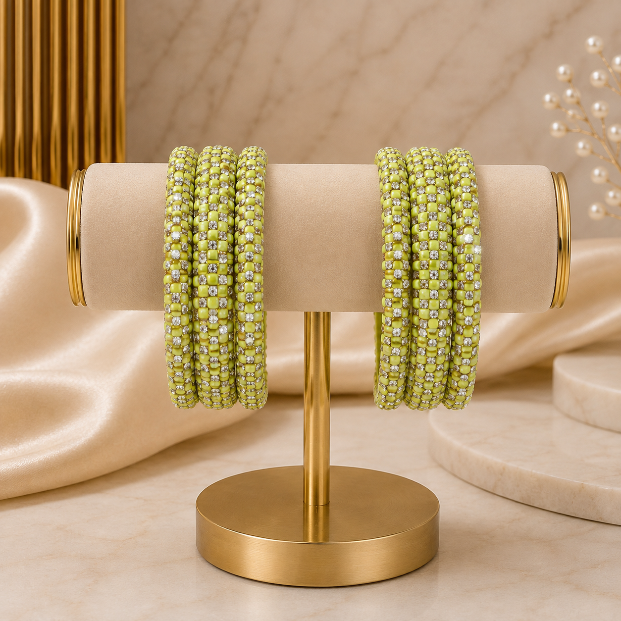 Meher Lemon Yellow Festive Bangle Set with 2 kada bangles and 4 side bangles featuring lemon yellow detailing, golden accents and sparkling stones by ENAVA