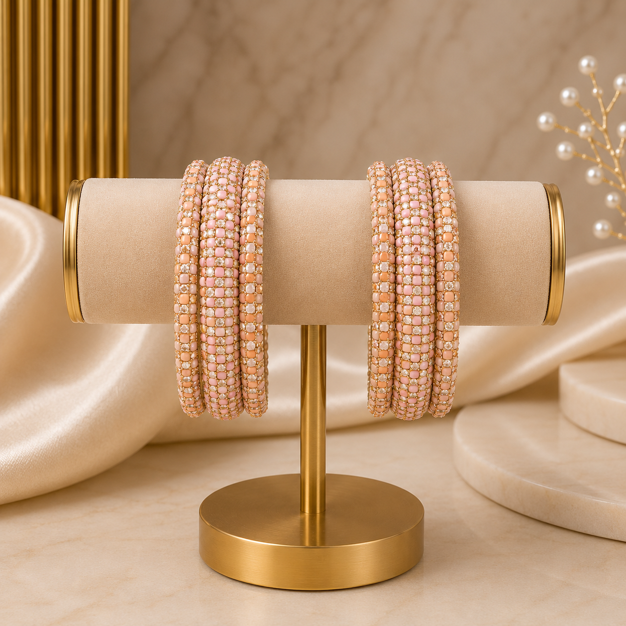 Meher Light Peach Festive Bangle Set with 2 kada bangles and 4 side bangles featuring light peach detailing, golden accents and sparkling stones by ENAVA
