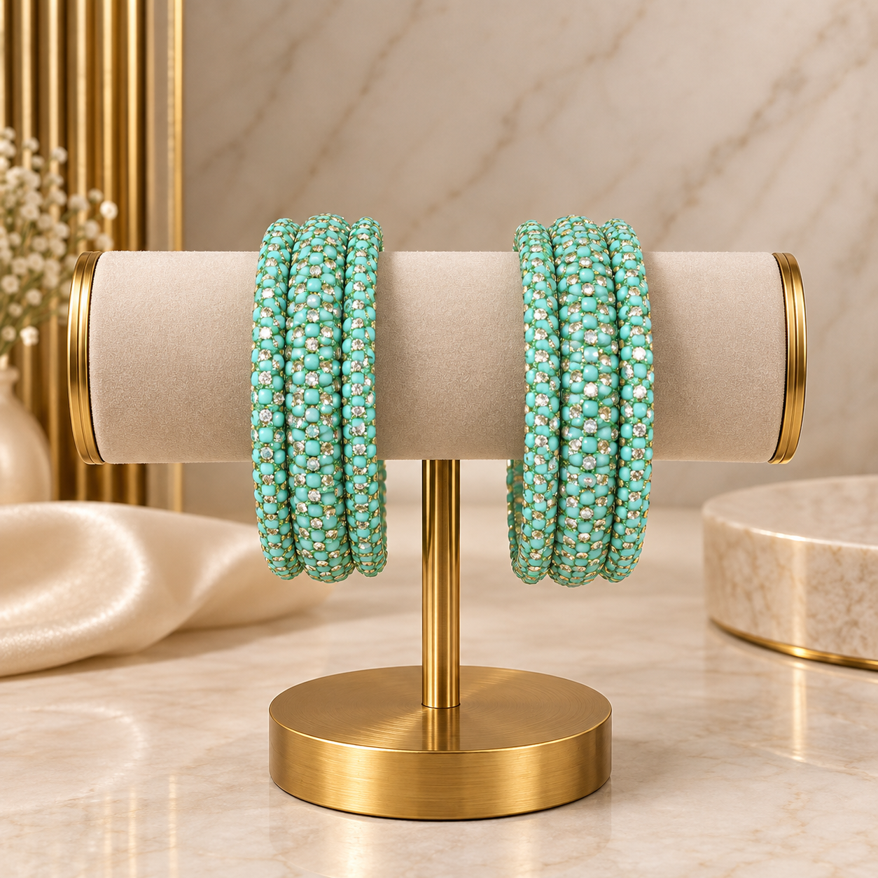 Meher Light Turquoise Festive Bangle Set with 2 kada bangles and 4 side bangles featuring light turquoise detailing, golden accents and sparkling stones by ENAVA