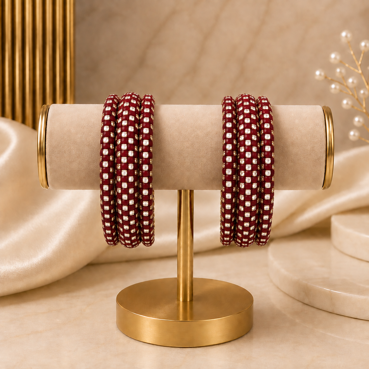 Meher Maroon Festive Bangle Set with 2 kada bangles and 4 side bangles featuring maroon detailing, golden accents and sparkling stones by ENAVA