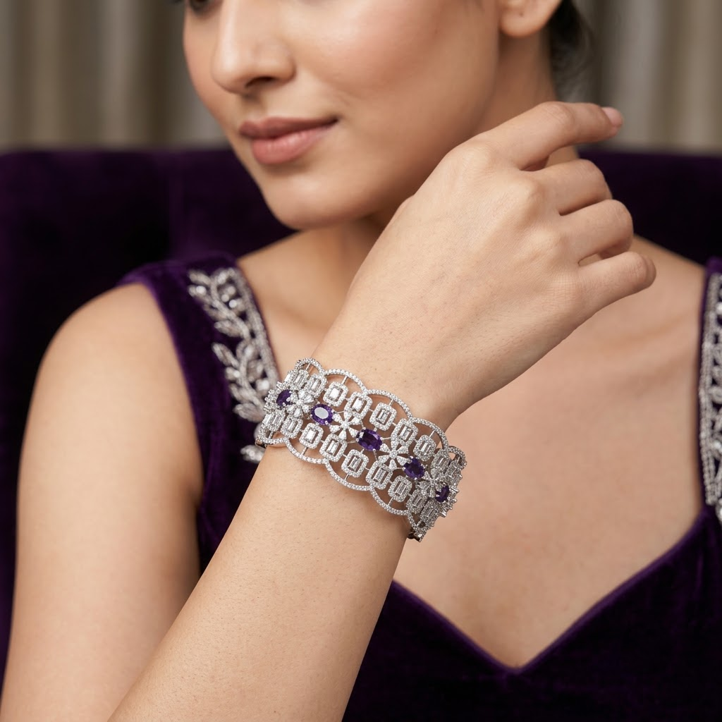 Midnight Azure AD Designer Bracelet by Enava with dark blue AD stones, broad designer bracelet for women