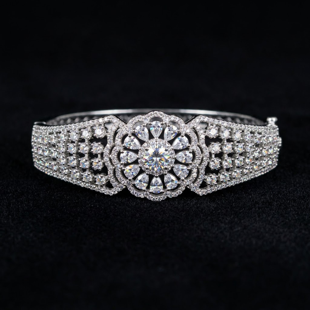 Moonlit Silver AD Bracelet with complete American Diamond AD stone design and elegant silver-tone finish, sparkling designer bracelet for women by ENAVA.