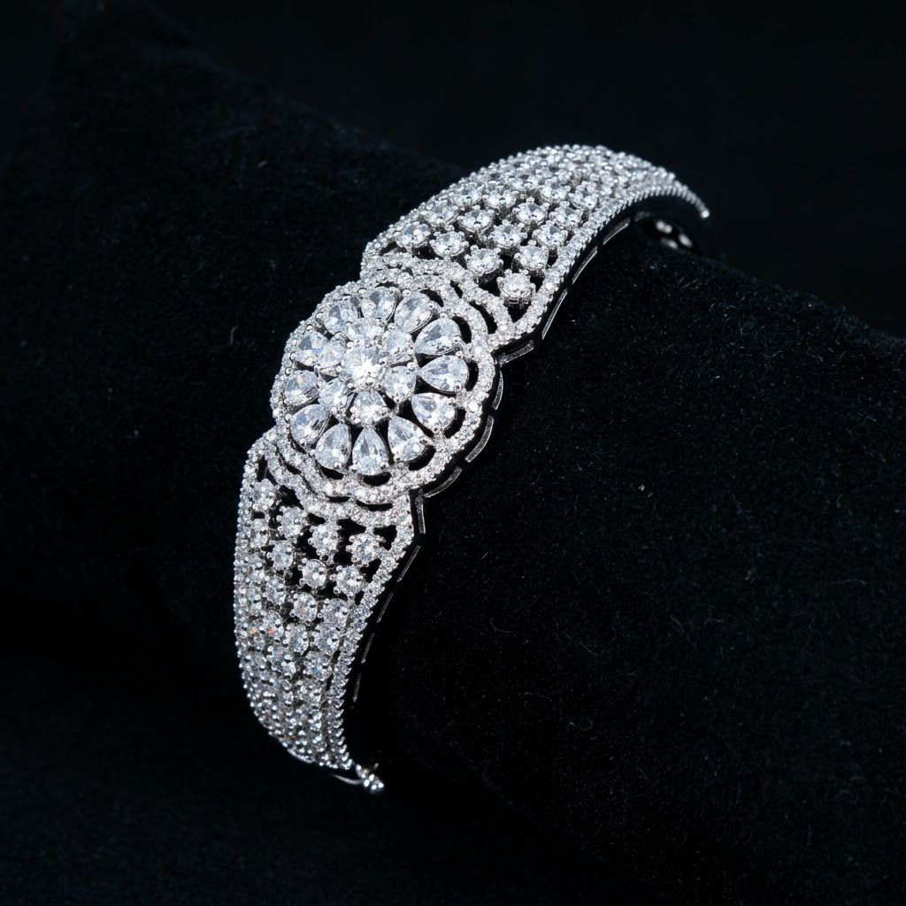 Moonlit Silver AD Bracelet with complete American Diamond AD stone design and elegant silver-tone finish, sparkling designer bracelet for women by ENAVA.