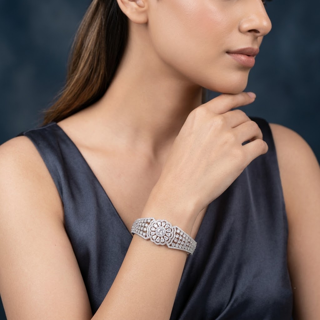 Moonlit Silver AD Bracelet with complete American Diamond AD stone design and elegant silver-tone finish, sparkling designer bracelet for women by ENAVA.