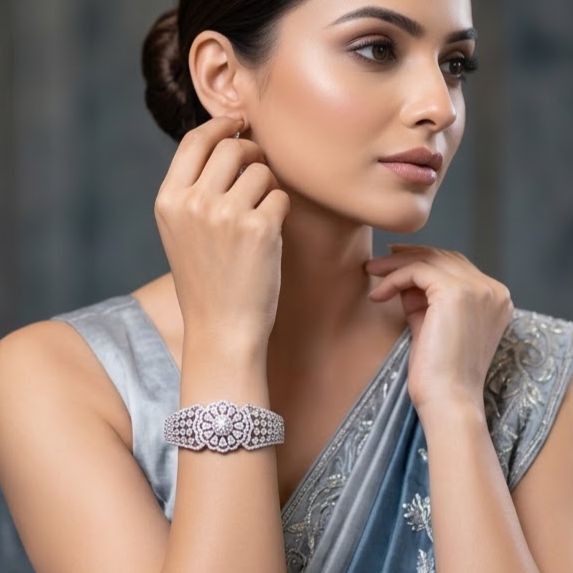 Moonlit Silver AD Bracelet with complete American Diamond AD stone design and elegant silver-tone finish, sparkling designer bracelet for women by ENAVA.