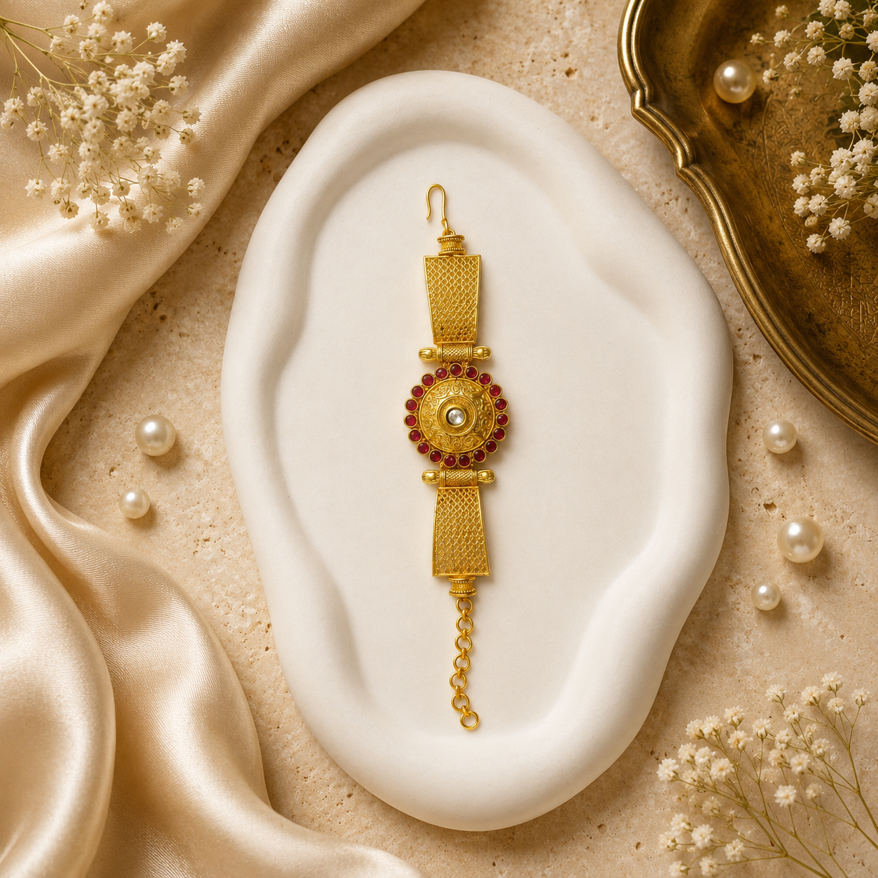 A gold-toned traditional Indian style pendant or earring with red stone detailing and a central pearl, displayed on a white wavy dish surrounded by champagne silk, pearls, and baby's breath flowers.