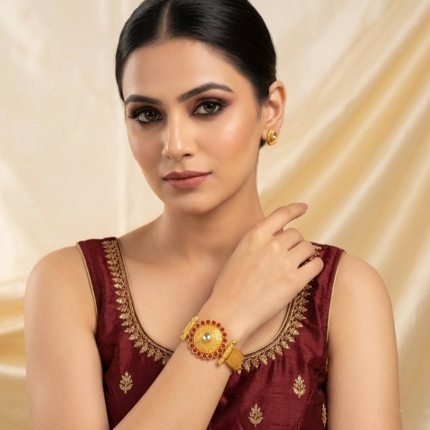 Mrinalini Ruby Golden Bracelet by Enava featuring an engraved antique gold circular centerpiece with a mirror stone, ruby red crystal border, textured mesh band, adjustable chain closure, premium ethnic statement bracelet for weddings and festive wear.