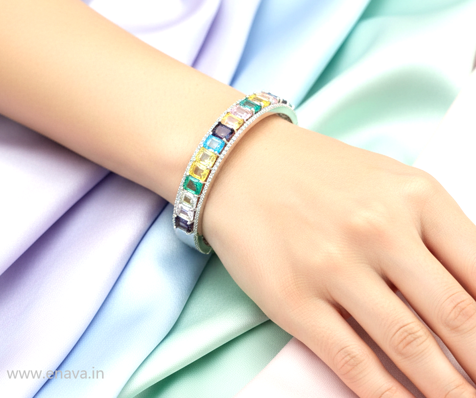 AD CZ Openable Multicolor Kada with Rhodium Plating ADBT21010 By Enava
