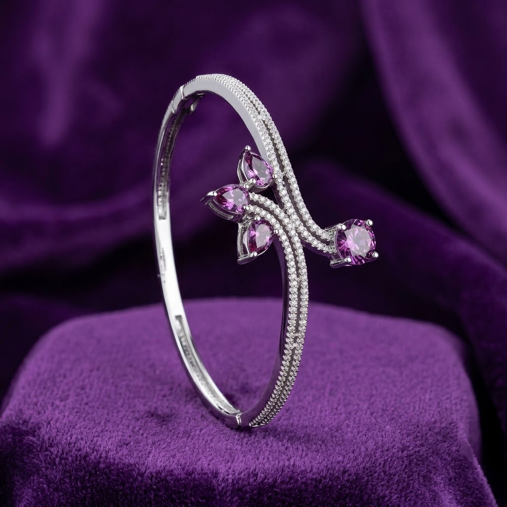 Nayra Bloom AD Purple Bracelet with sparkling purple American Diamond stones and rhodium-coated silver finish, elegant designer bracelet for women by ENAVA.