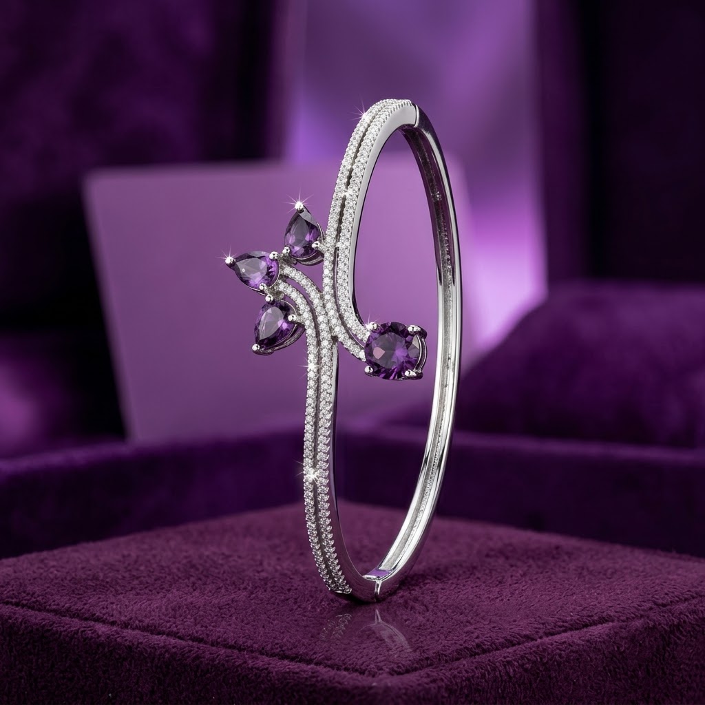 Nayra Bloom AD Purple Bracelet with sparkling purple American Diamond stones and rhodium-coated silver finish, elegant designer bracelet for women by ENAVA.