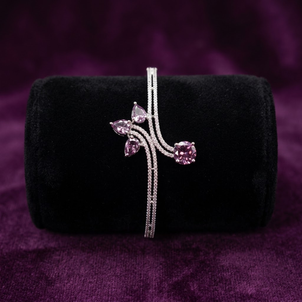 Nayra Bloom AD Purple Bracelet with sparkling purple American Diamond stones and rhodium-coated silver finish, elegant designer bracelet for women by ENAVA.