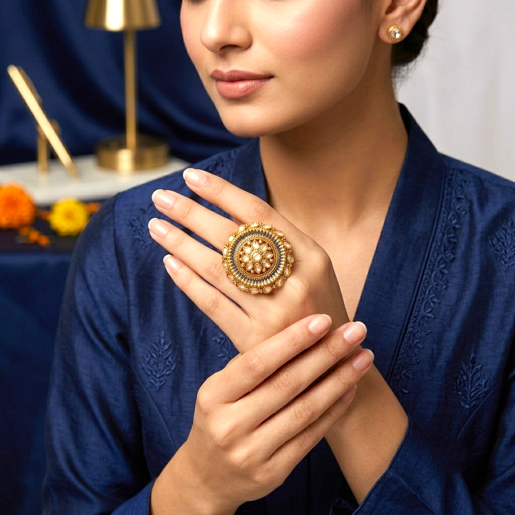 Neelam Ethnic & Traditional Antique Finish Ring by Enava featuring white kundan stones, blue enamel detailing, and antique gold finish in a Rajwadi-inspired floral statement design for ethnic and festive wear.
