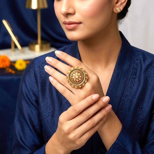 Neelam Ethnic & Traditional Antique Finish Ring by Enava featuring white kundan stones, blue enamel detailing, and antique gold finish in a Rajwadi-inspired floral statement design for ethnic and festive wear.