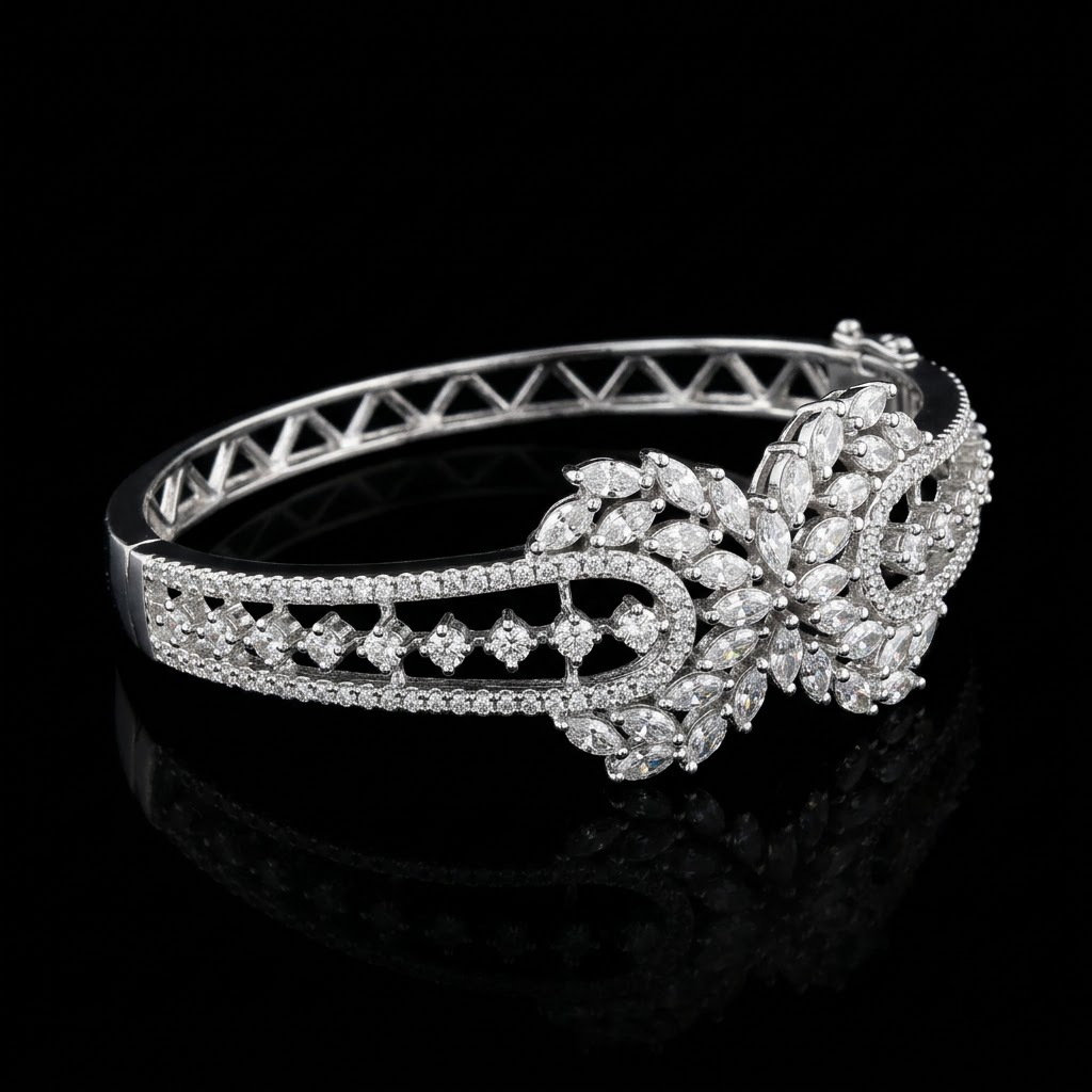 Onyx Spark Silver AD Bracelet with all-over American Diamond stones and rhodium-plated silver finish, elegant designer bracelet for women by ENAVA.