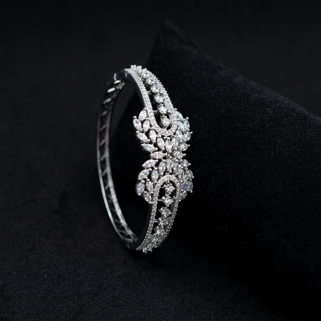 Onyx Spark Silver AD Bracelet with all-over American Diamond stones and rhodium-plated silver finish, elegant designer bracelet for women by ENAVA.