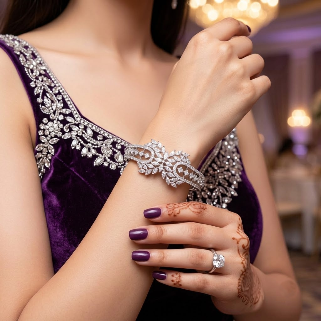 Onyx Spark Silver AD Bracelet with all-over American Diamond stones and rhodium-plated silver finish, elegant designer bracelet for women by ENAVA.