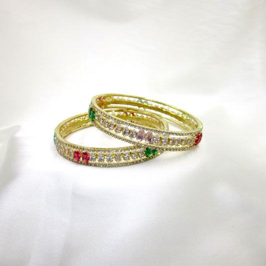 Rajkumari Gold Plated CZ AD Kada Bangles by ENAVA featuring white Cubic Zirconia American Diamonds with ruby red, emerald green and blush pink stones, premium gold plated bridal kada bangles for weddings, festive occasions, ethnic wear, and party jewellery.