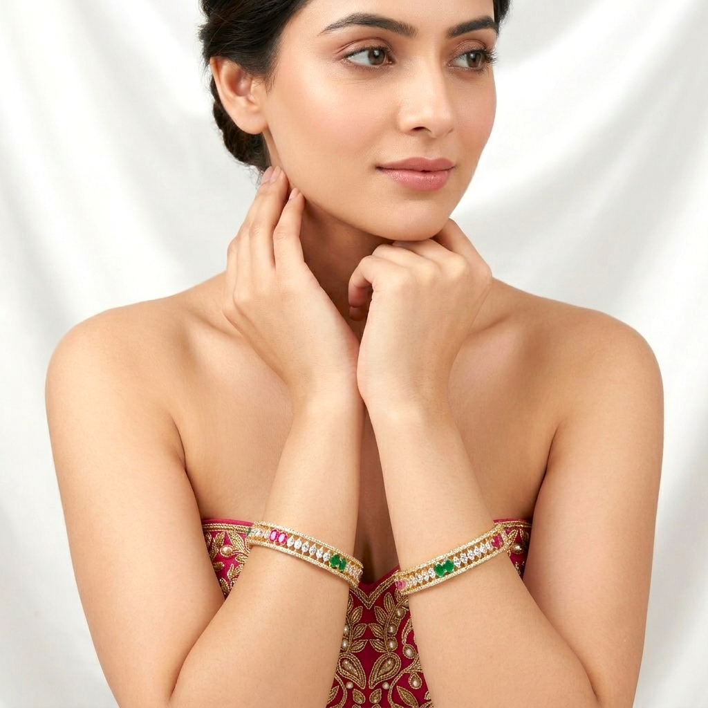 Rajkumari Gold Plated CZ AD Kada Bangles by ENAVA featuring white Cubic Zirconia American Diamonds with ruby red, emerald green and blush pink stones, premium gold plated bridal kada bangles for weddings, festive occasions, ethnic wear, and party jewellery.