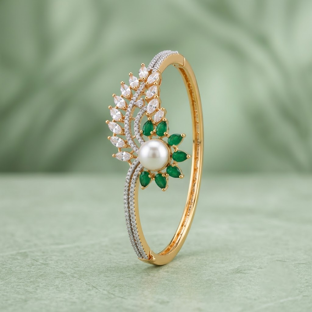 Pankhuri AD Green Emerald Bracelet with green emerald flower petal design, two-tone finish and sparkling American Diamond detailing, elegant designer bracelet for women by ENAVA.