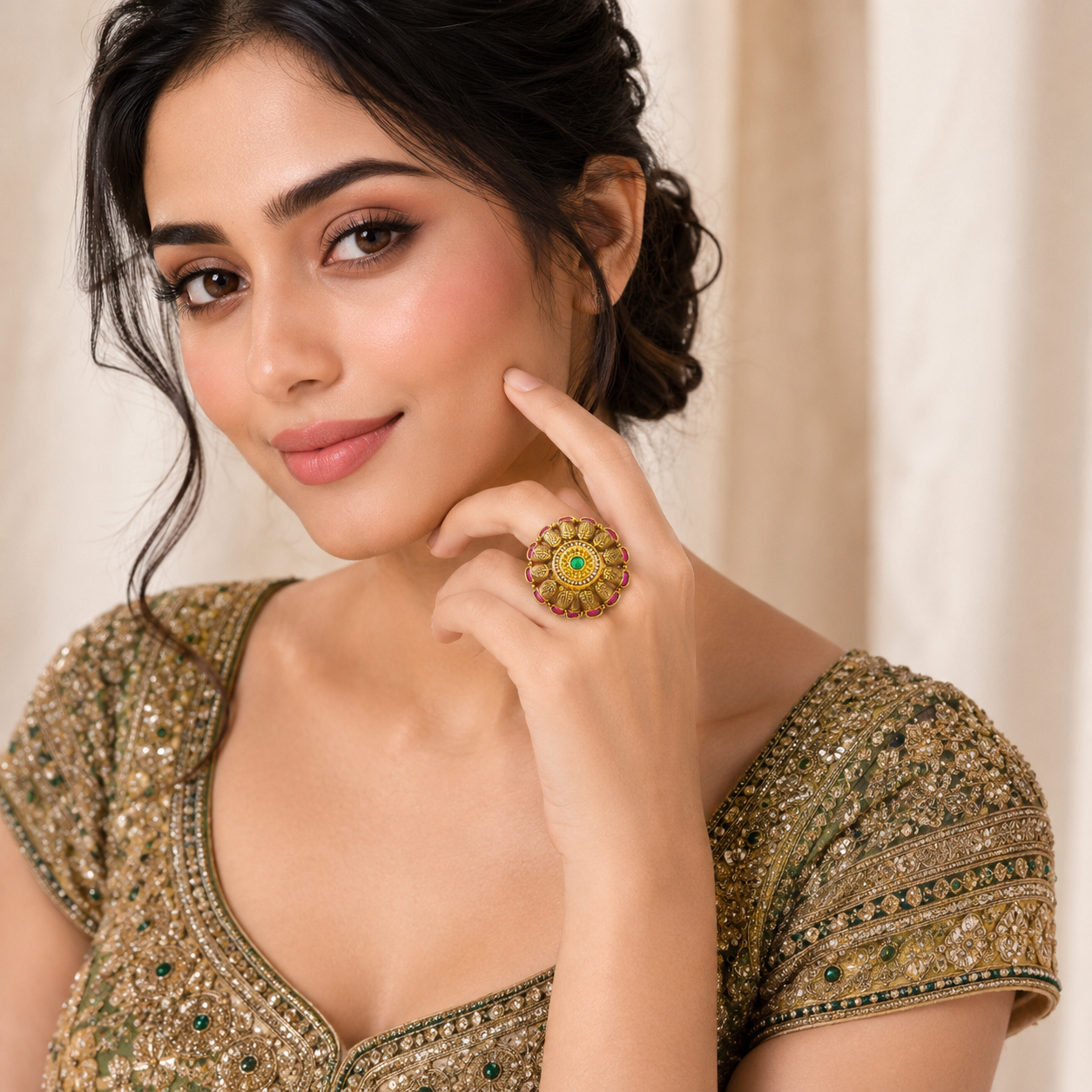 Pankhuri Pearl Heritage Ethnic Ring by Enava with engraved leaf petal design, ruby pink stones, pearl halo, green centre stone, antique gold plating, adjustable traditional statement ring for weddings and festive ethnic wear.