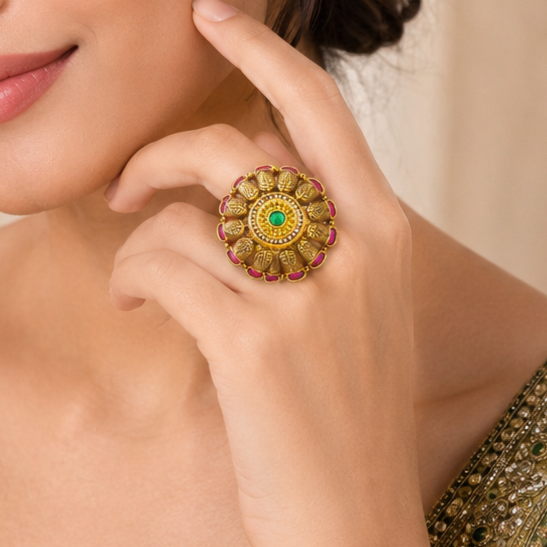 A close-up lifestyle shot of a woman wearing a large, ornate gold ring with a central green stone and pink gemstone accents.
