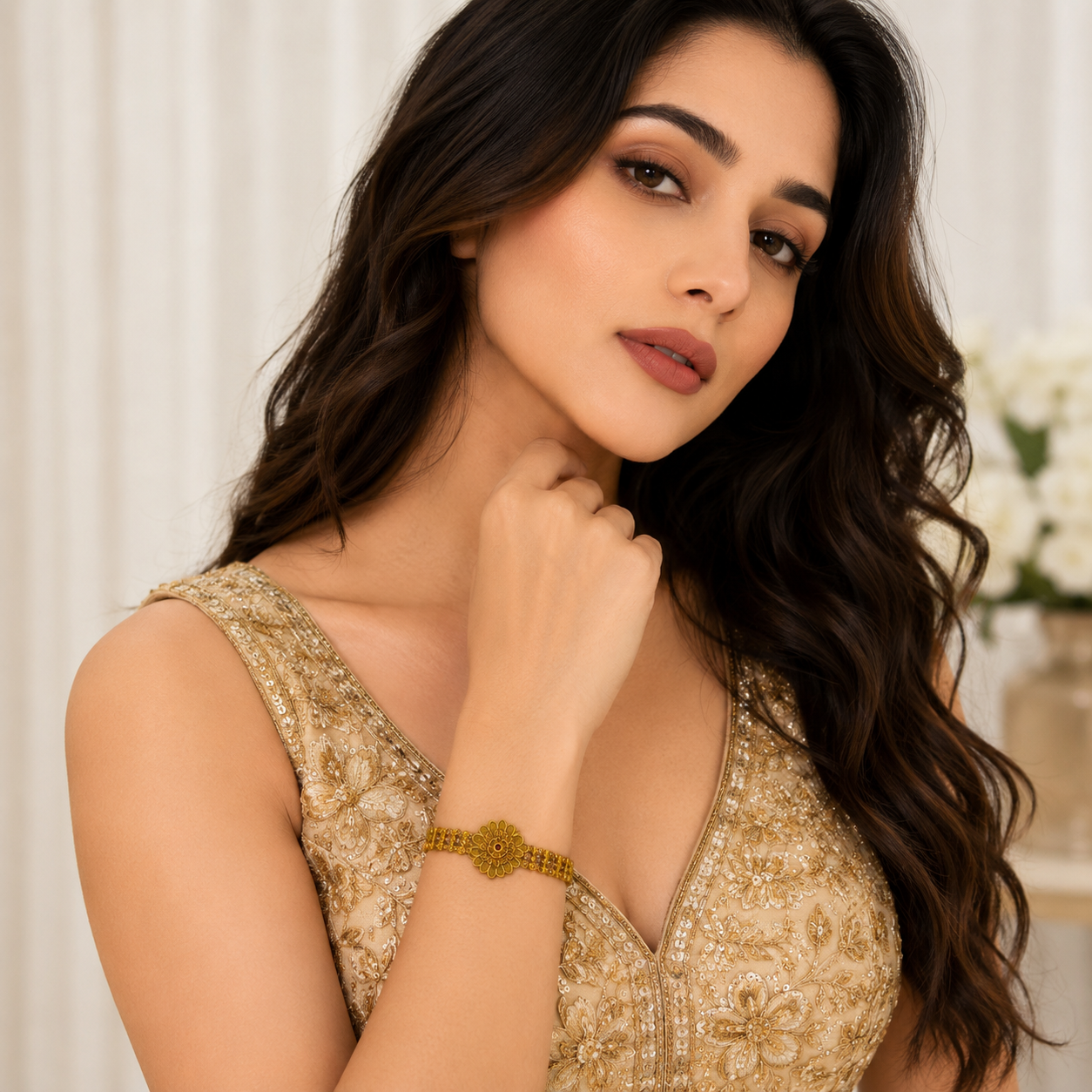 Rajaswi Floral Heritage Bracelet by Enava featuring an antique gold floral design with ruby pink and emerald green stones, intricate heritage detailing, adjustable chain closure, and a premium ethnic statement bracelet for weddings and festive occasions.