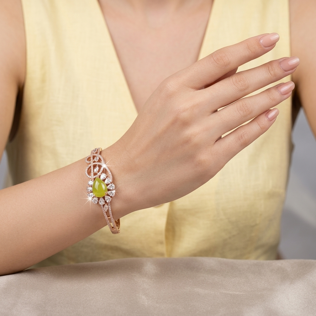 Pastel Bloom Yellow AD Bracelet with yellow drop-shaped center stone and sparkling American Diamond AD detailing, elegant designer bracelet for women by ENAVA.