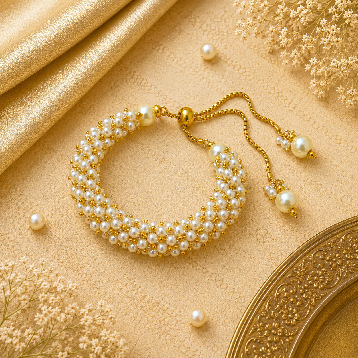 Pearl Heritage Golden Bracelet by Enava featuring handcrafted ivory pearl beadwork, polished gold-tone detailing, adjustable slider chain with pearl drop accents, elegant luxury bracelet for weddings, festive occasions, bridal wear, party styling, and premium ethnic jewellery.