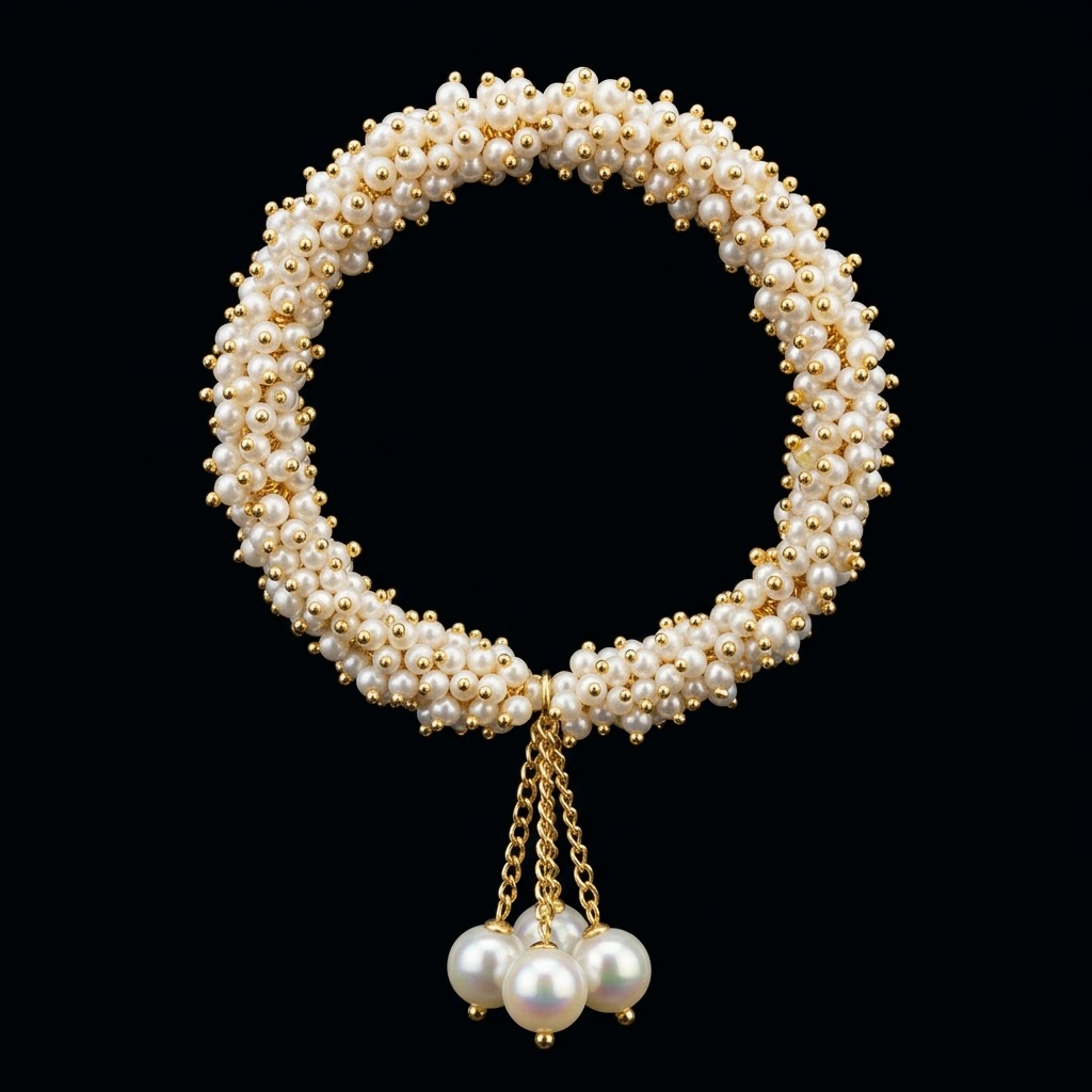 Pearl Empress Bracelet with layered white pearls and pearl jhumka-inspired hanging, elegant traditional pearl bracelet for women by ENAVA.