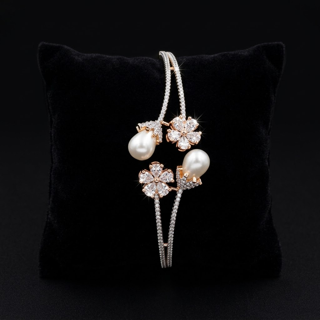 Pearl Garden AD Bracelet with floral American Diamond AD and pearl design, two-tone rhodium-plated finish, elegant designer pearl bracelet for women by ENAVA.