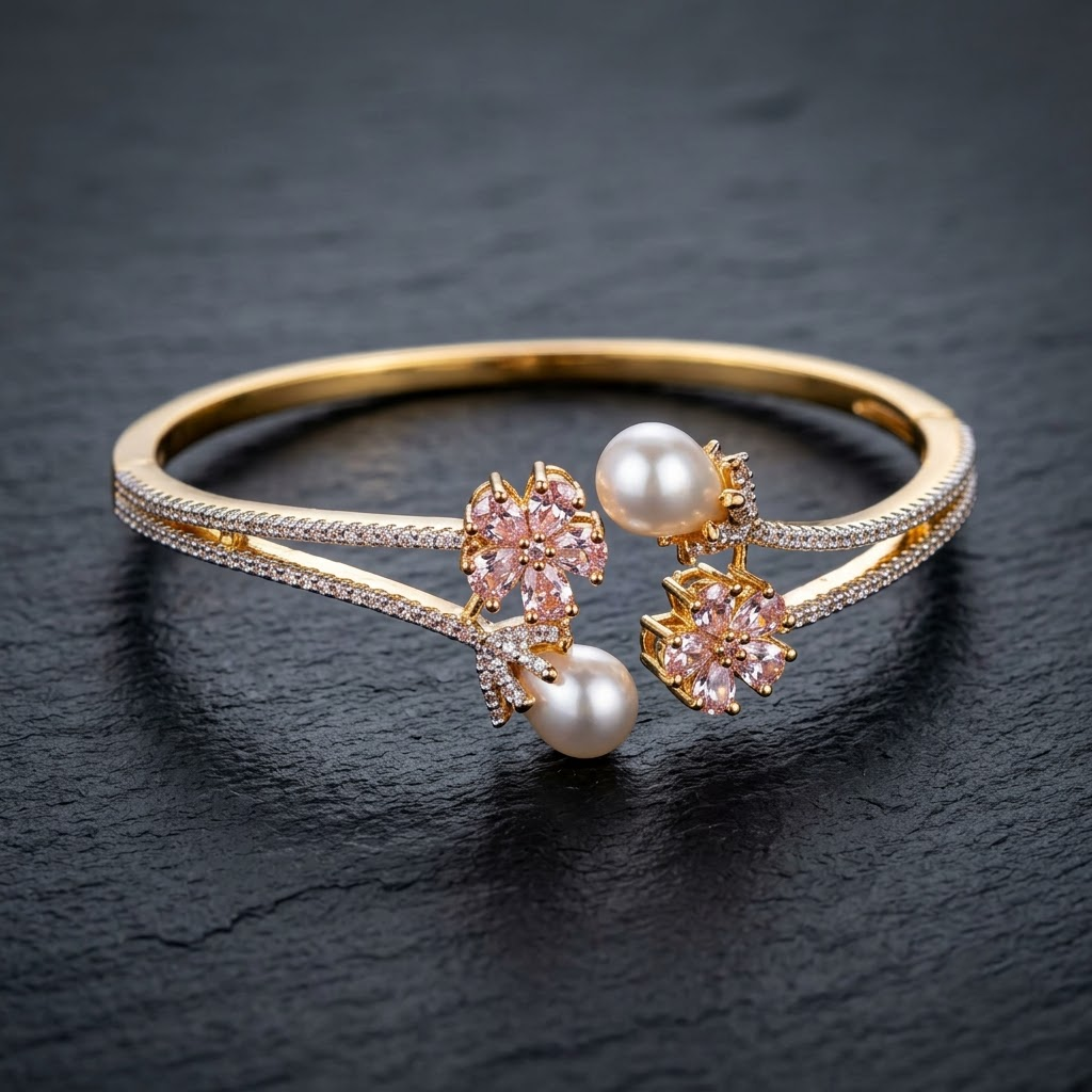 Pearl Garden AD Bracelet with floral American Diamond AD and pearl design, two-tone rhodium-plated finish, elegant designer pearl bracelet for women by ENAVA.