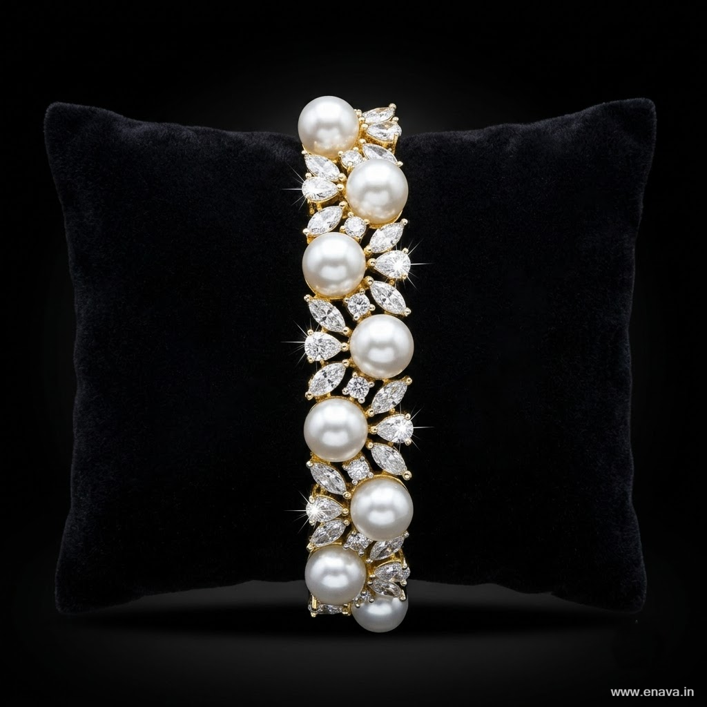 Pearl Nector AD Bracelet with sparkling American Diamond AD stones and bold large white pearl, elegant designer pearl bracelet for women by ENAVA.