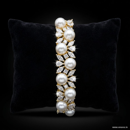 Pearl Nector AD Bracelet with sparkling American Diamond AD stones and bold large white pearl, elegant designer pearl bracelet for women by ENAVA.