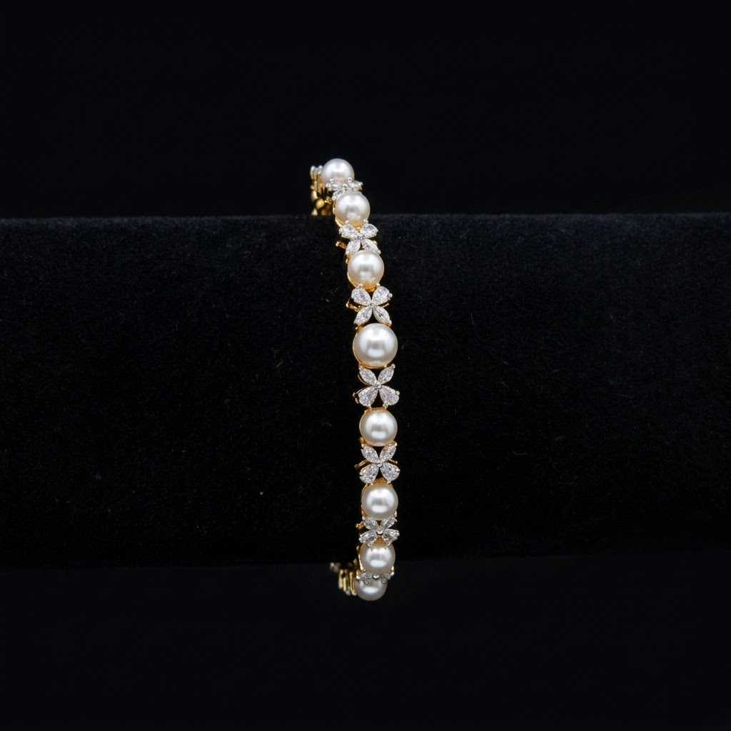 Pearlina AD Pearl Bracelet with alternating American Diamond AD stones and white pearls in a slim designer pattern, elegant pearl bracelet for women by ENAVA.