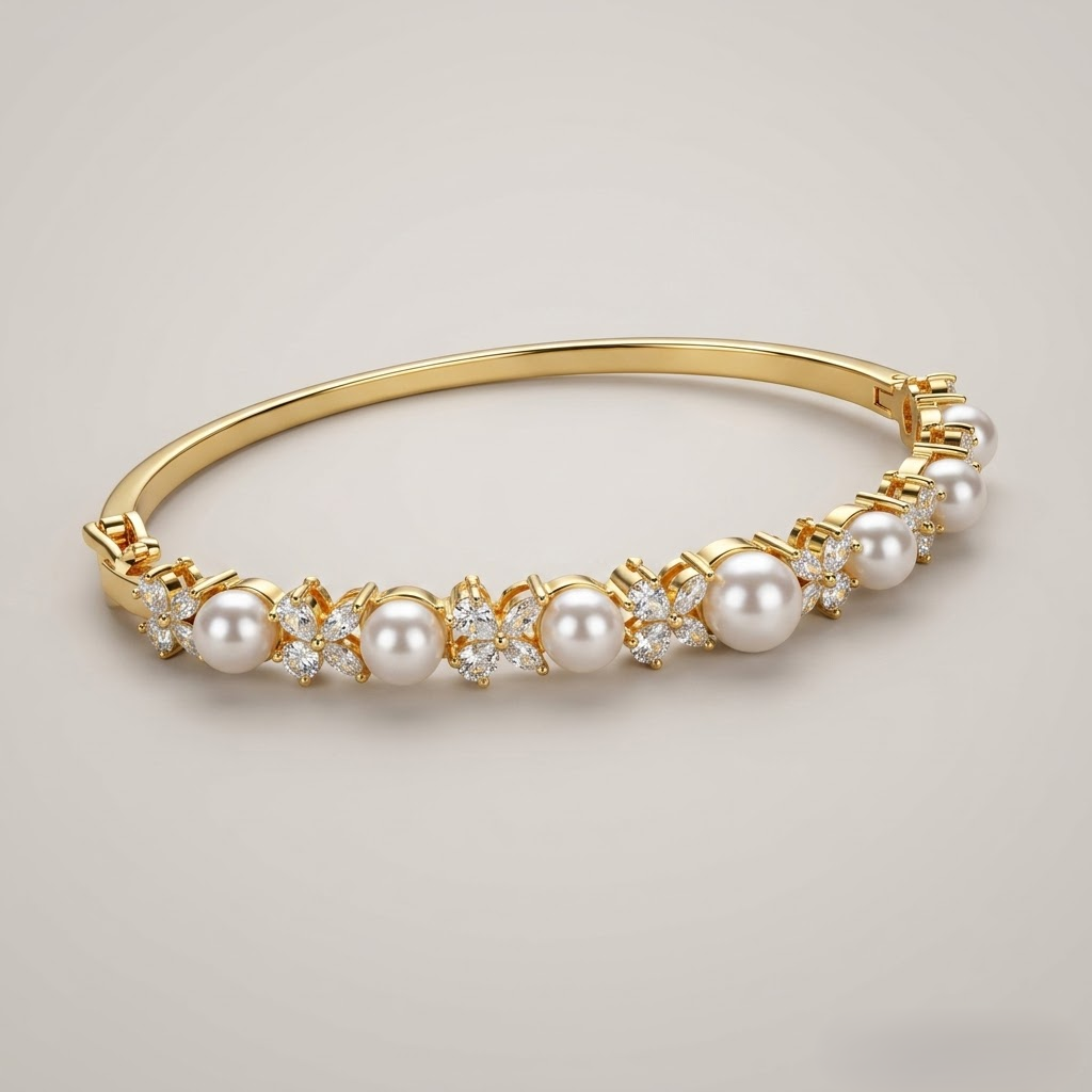 Pearlina AD Pearl Bracelet with alternating American Diamond AD stones and white pearls in a slim designer pattern, elegant pearl bracelet for women by ENAVA.