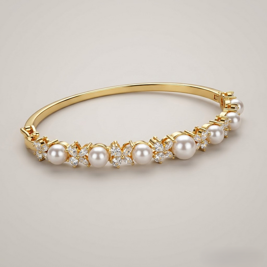 Pearlina AD Pearl Bracelet with alternating American Diamond AD stones and white pearls in a slim designer pattern, elegant pearl bracelet for women by ENAVA.