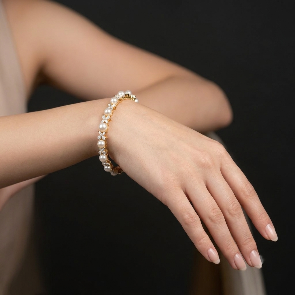 Pearlina AD Pearl Bracelet with alternating American Diamond AD stones and white pearls in a slim designer pattern, elegant pearl bracelet for women by ENAVA.