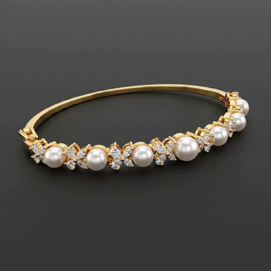 Pearlina AD Pearl Bracelet with alternating American Diamond AD stones and white pearls in a slim designer pattern, elegant pearl bracelet for women by ENAVA.