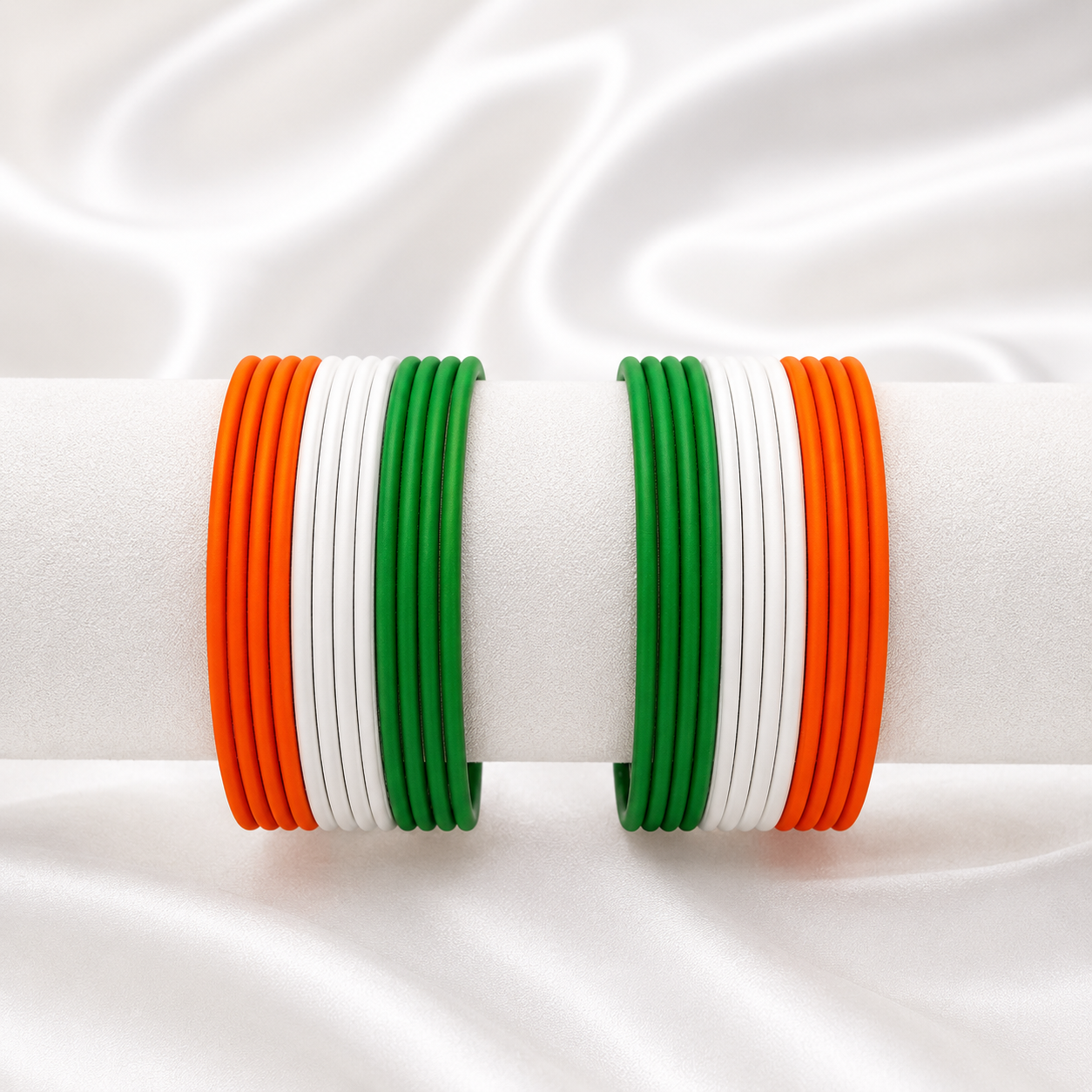 Pride of India Matte Metal Bangles by Enava featuring premium saffron, white, and green tricolour matte finish aluminium bangles, lightweight 24 bangle set for Independence Day, Republic Day, patriotic celebrations, ethnic wear, and festive styling.