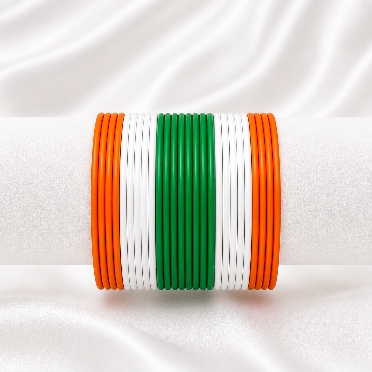 Pride of India Matte Metal Bangles by Enava featuring premium saffron, white, and green tricolour matte finish aluminium bangles, lightweight 24 bangle set for Independence Day, Republic Day, patriotic celebrations, ethnic wear, and festive styling.