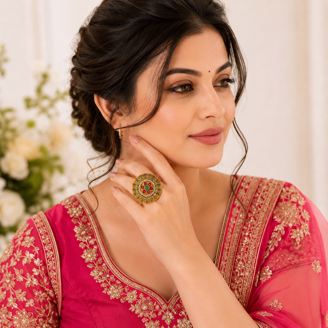 Pushpika Heritage Floral Antique Golden Finish Ethnic Ring by Enava featuring ruby pink teardrop glass stones, emerald green centre stone, pearl bead detailing, intricate floral motif, adjustable statement ring for weddings, festive wear, and traditional ethnic jewellery.