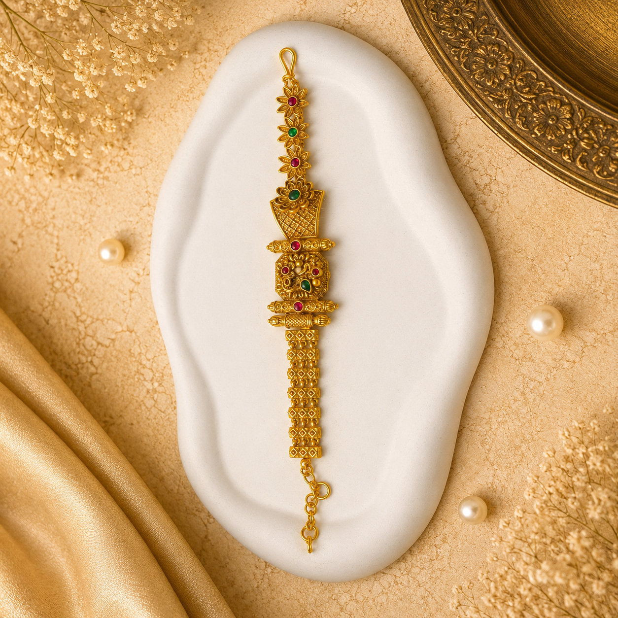 Rajaswi Floral Heritage Bracelet by Enava featuring an antique gold floral design with ruby pink and emerald green stones, intricate heritage detailing, adjustable chain closure, and a premium ethnic statement bracelet for weddings and festive occasions.