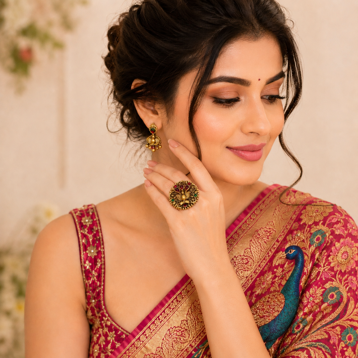 Rajmayuri Heritage Antique Golden Finish Ethnic Ring by Enava featuring a handcrafted 3D peacock design with antique gold finish, ruby-red and emerald-green stones, premium statement ethnic ring for bridal, festive, wedding, and traditional wear.