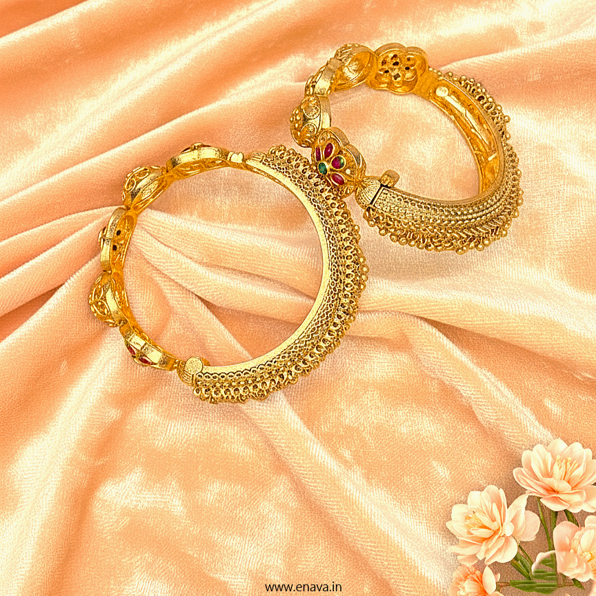 Rajwadi Ghungroo Flower Design Antique Gold Plated Bangles By Enava Bangle Enava Jewels.