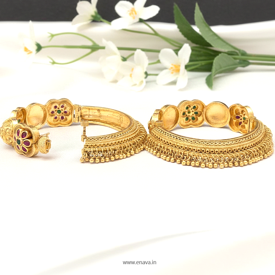 Rajwadi Ghungroo Flower Design Antique Gold Plated Bangles By Enava Bangle Enava Jewels.